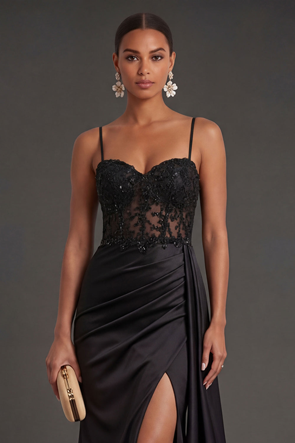 Ruched Black Spaghetti Straps Mermaid Long Formal Dress with Slit