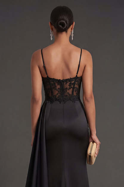 Ruched Black Spaghetti Straps Mermaid Long Formal Dress with Slit