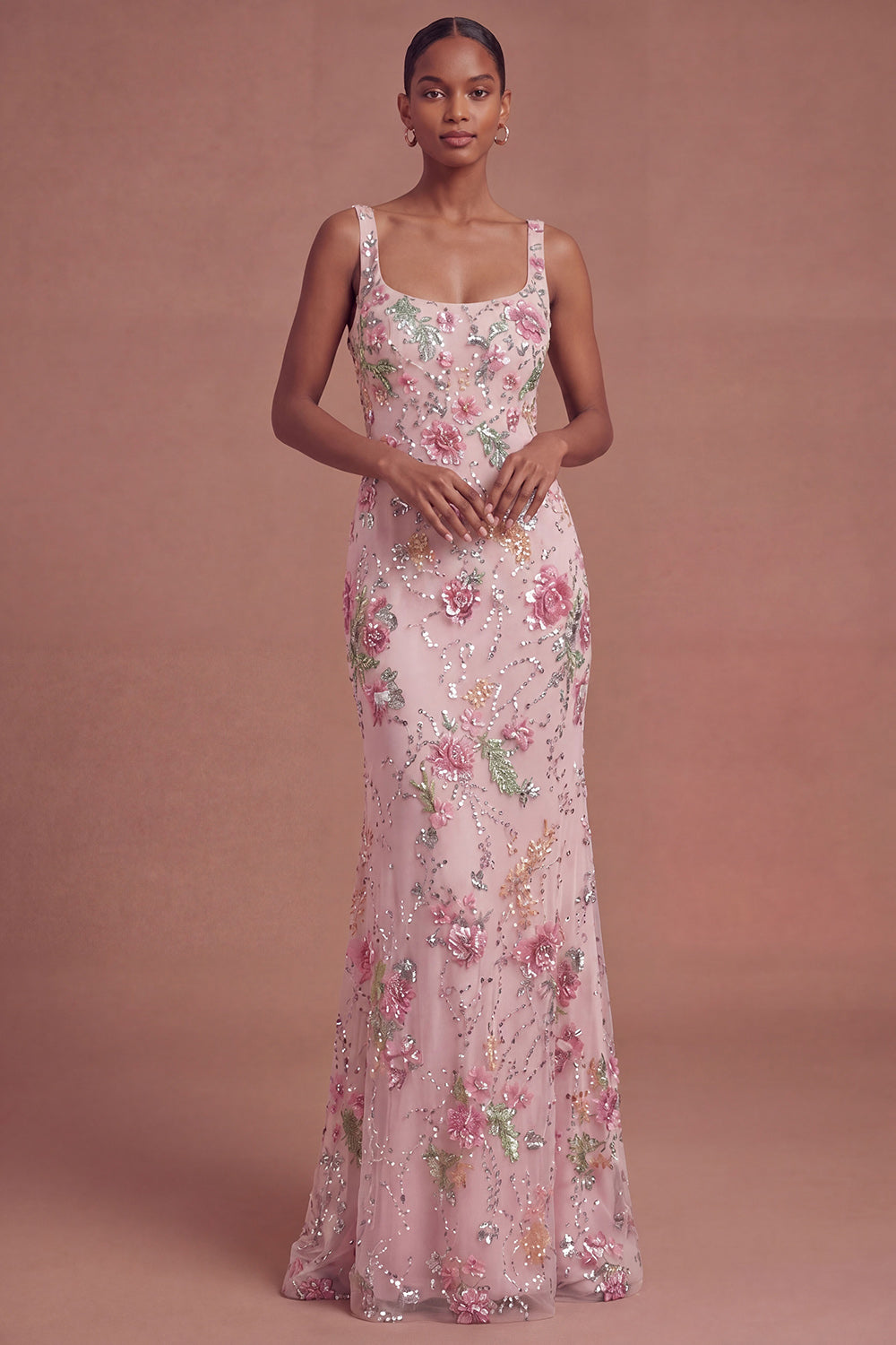 Pink Sparkly Beaded Floral Mermaid Long Prom Dress