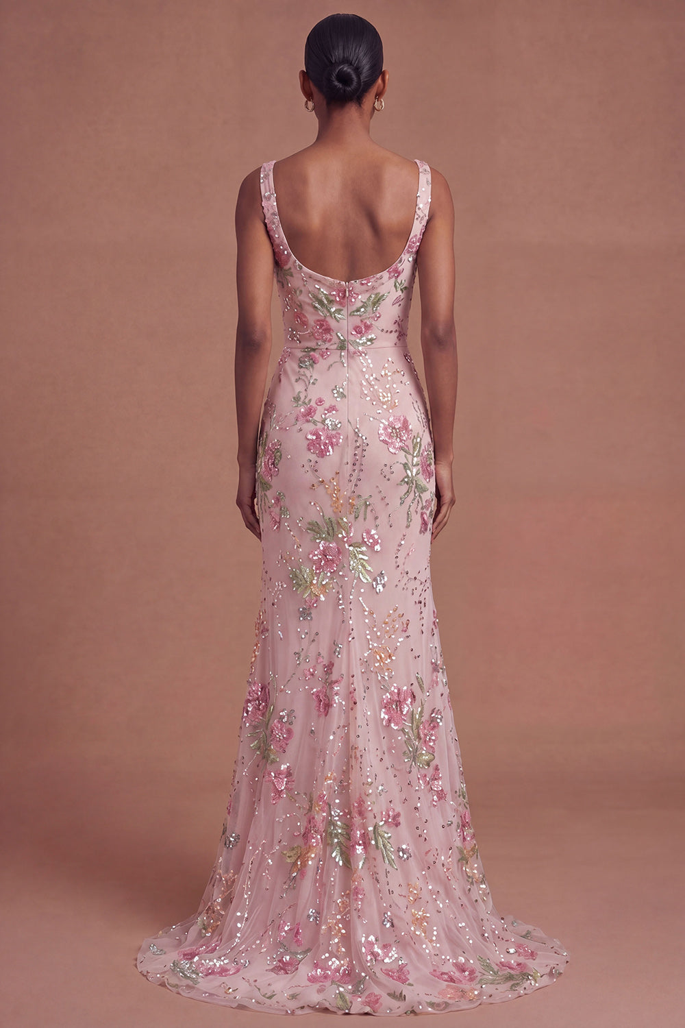 Pink Sparkly Beaded Floral Mermaid Long Prom Dress