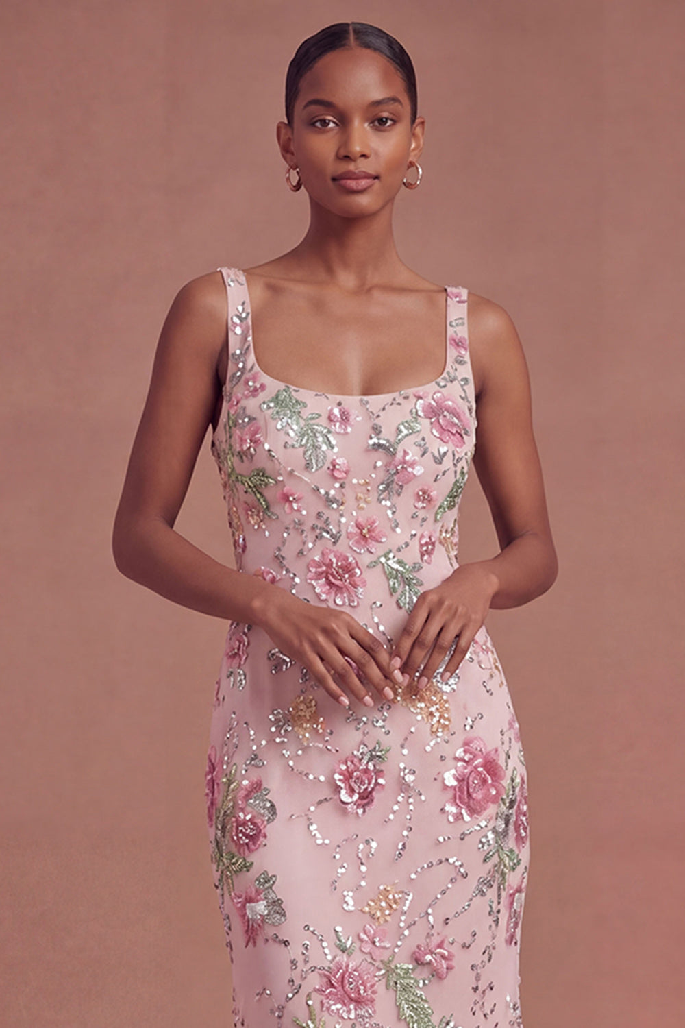 Pink Sparkly Beaded Floral Mermaid Long Prom Dress