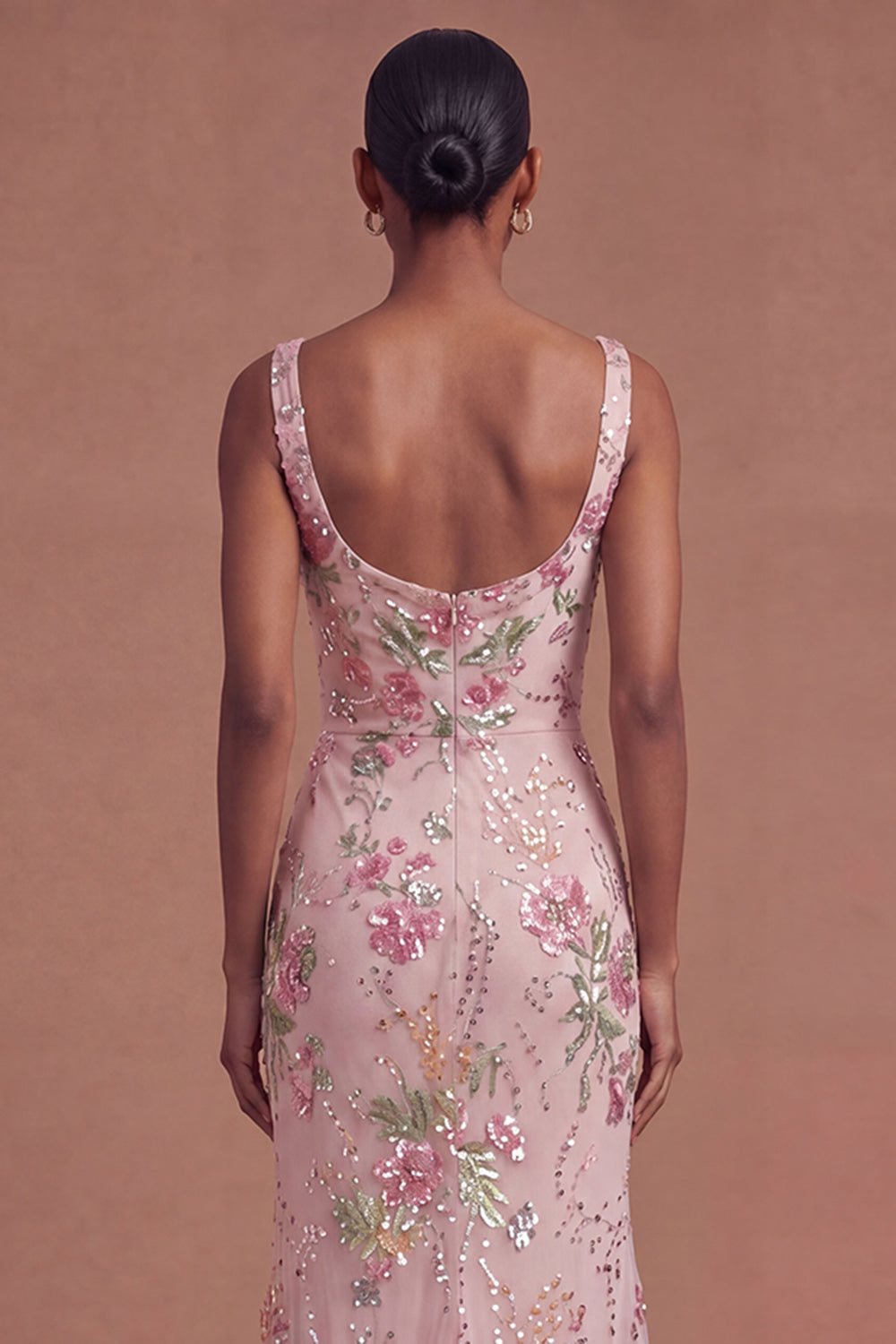 Pink Sparkly Beaded Floral Mermaid Long Prom Dress