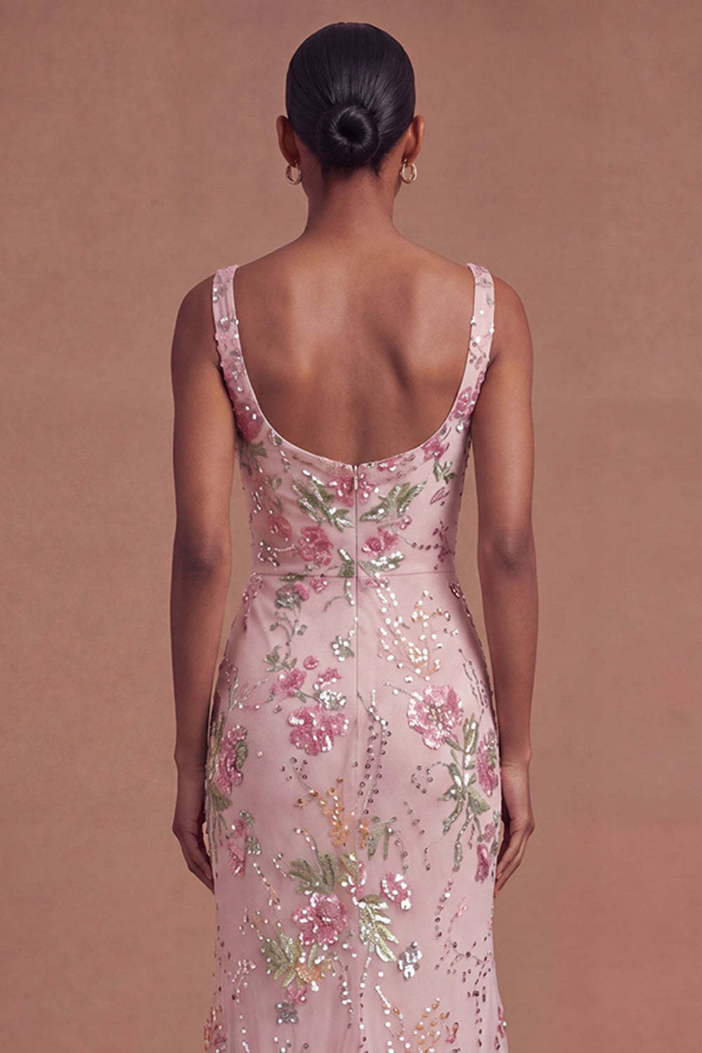 Pink Sparkly Beaded Floral Mermaid Long Prom Dress