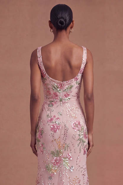 Pink Sparkly Beaded Floral Mermaid Long Prom Dress