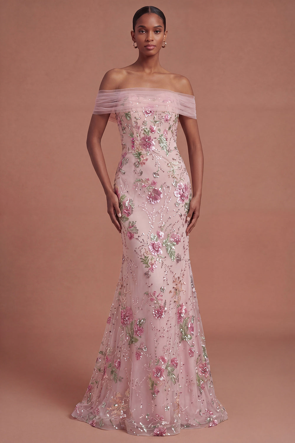 Leely Women Pink Sparkly Beaded Floral Mermaid Long Prom Dress Thick Straps Backless Sleeveless Pageant Dress