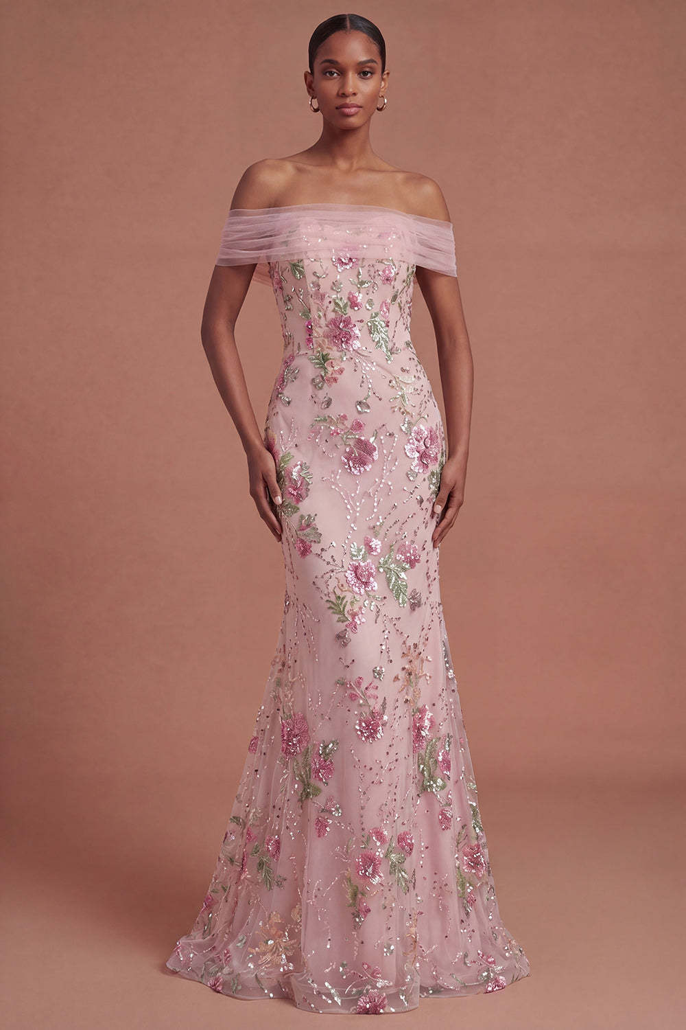 Leely Women Pink Sparkly Beaded Floral Mermaid Long Prom Dress Thick Straps Backless Sleeveless Pageant Dress