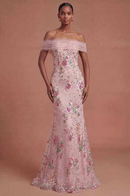 Leely Women Pink Sparkly Beaded Floral Mermaid Long Prom Dress Thick Straps Backless Sleeveless Pageant Dress