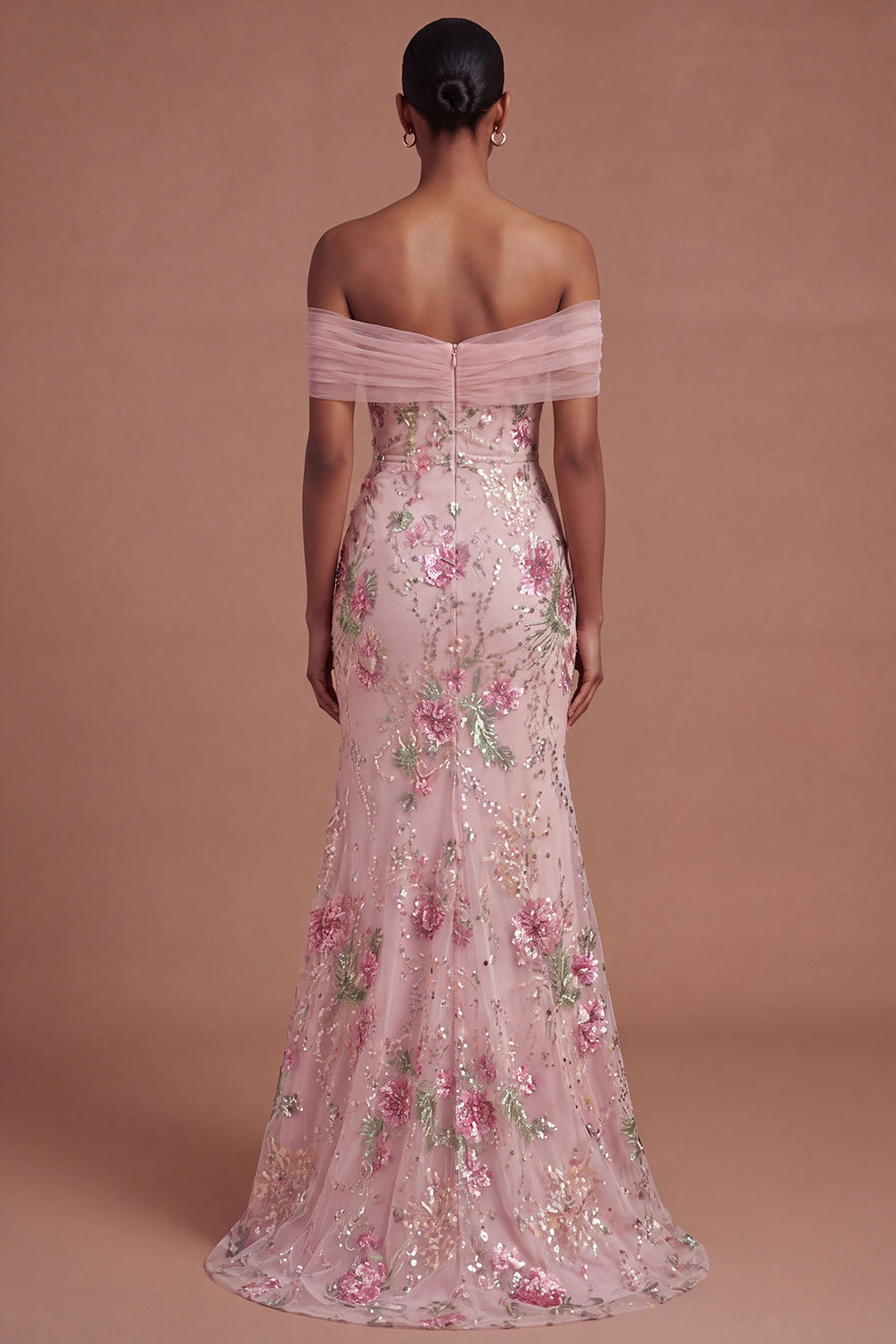 Pink Sparkly Off the Shoulder Floral Mermaid Long Prom Dress