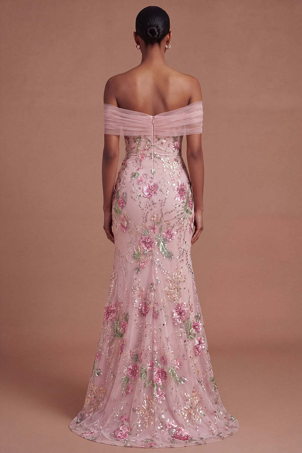 Pink Sparkly Off the Shoulder Floral Mermaid Long Prom Dress