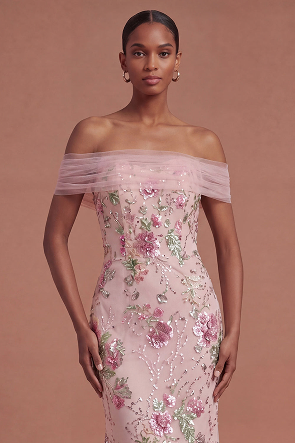 Pink Sparkly Off the Shoulder Floral Mermaid Long Prom Dress