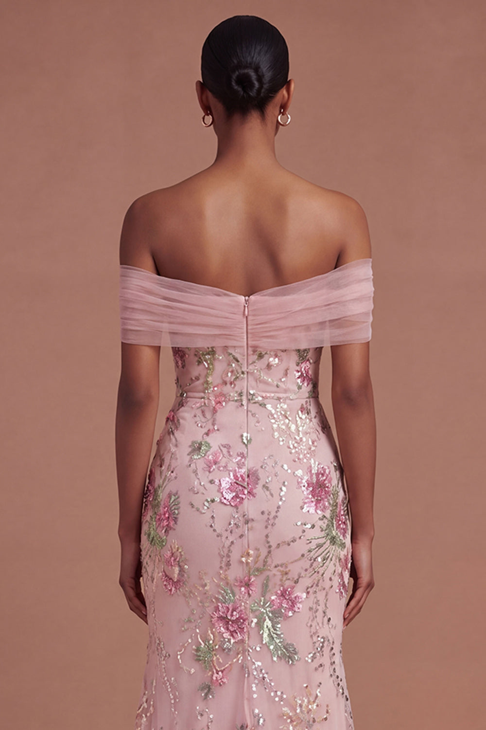 Pink Sparkly Off the Shoulder Floral Mermaid Long Prom Dress