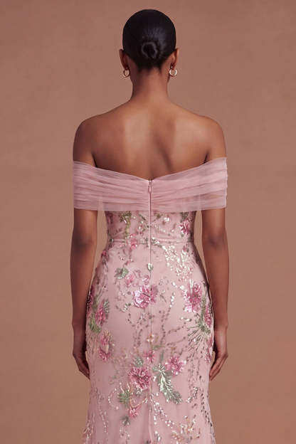 Pink Sparkly Off the Shoulder Floral Mermaid Long Prom Dress