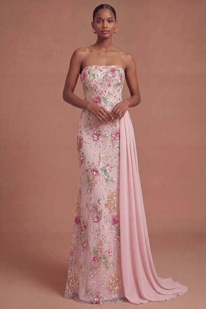 Leely Women Pink Floral Sparkly Long Prom Dress with Cape Strapless Backless Pageant Dress