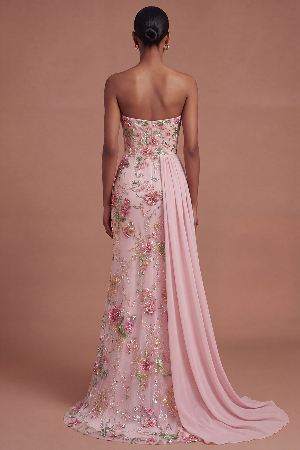 Pink Floral Sparkly Long Prom Dress with Cape