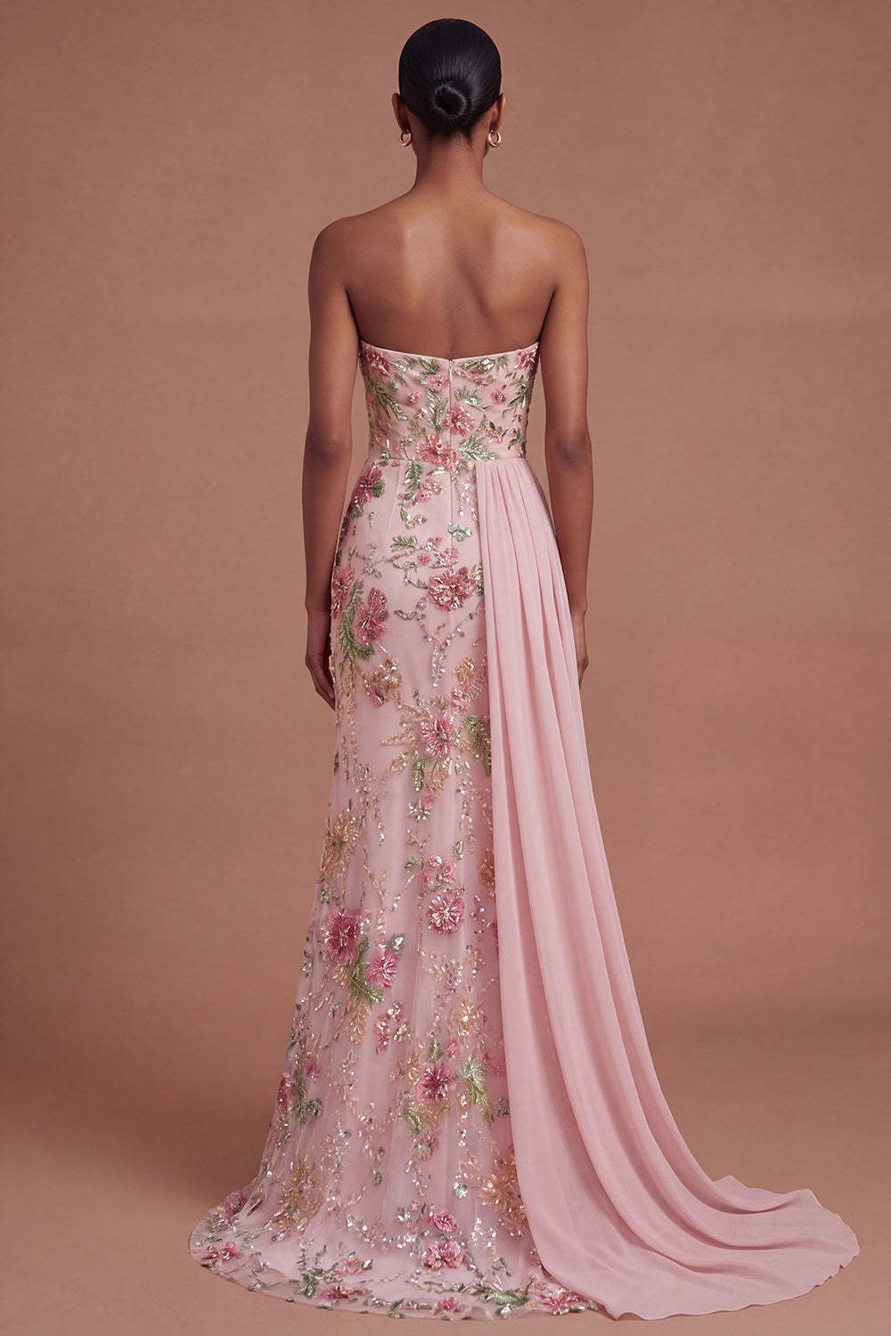 Pink Floral Sparkly Long Prom Dress with Cape