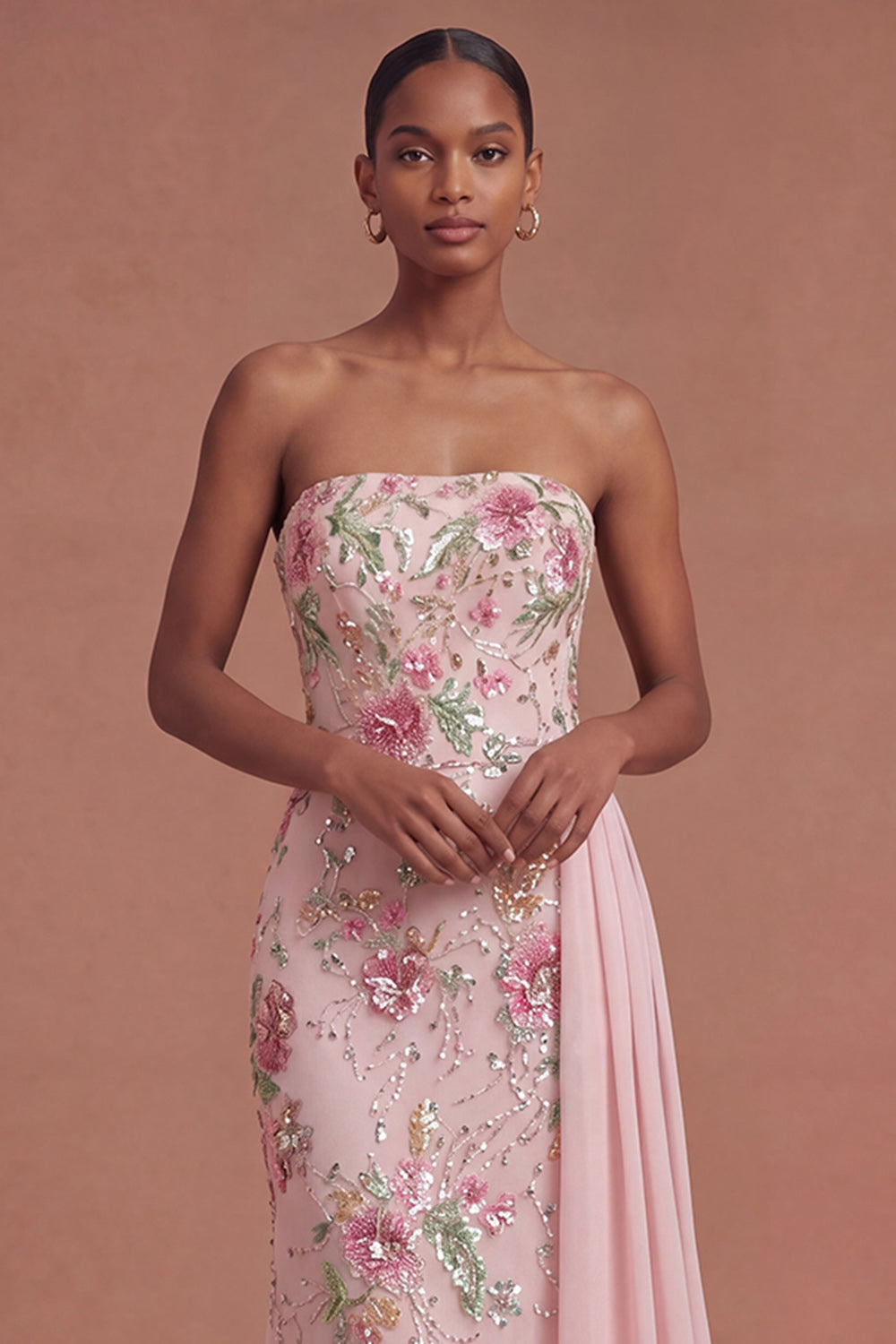 Pink Floral Sparkly Long Prom Dress with Cape