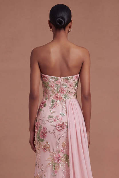 Pink Floral Sparkly Long Prom Dress with Cape