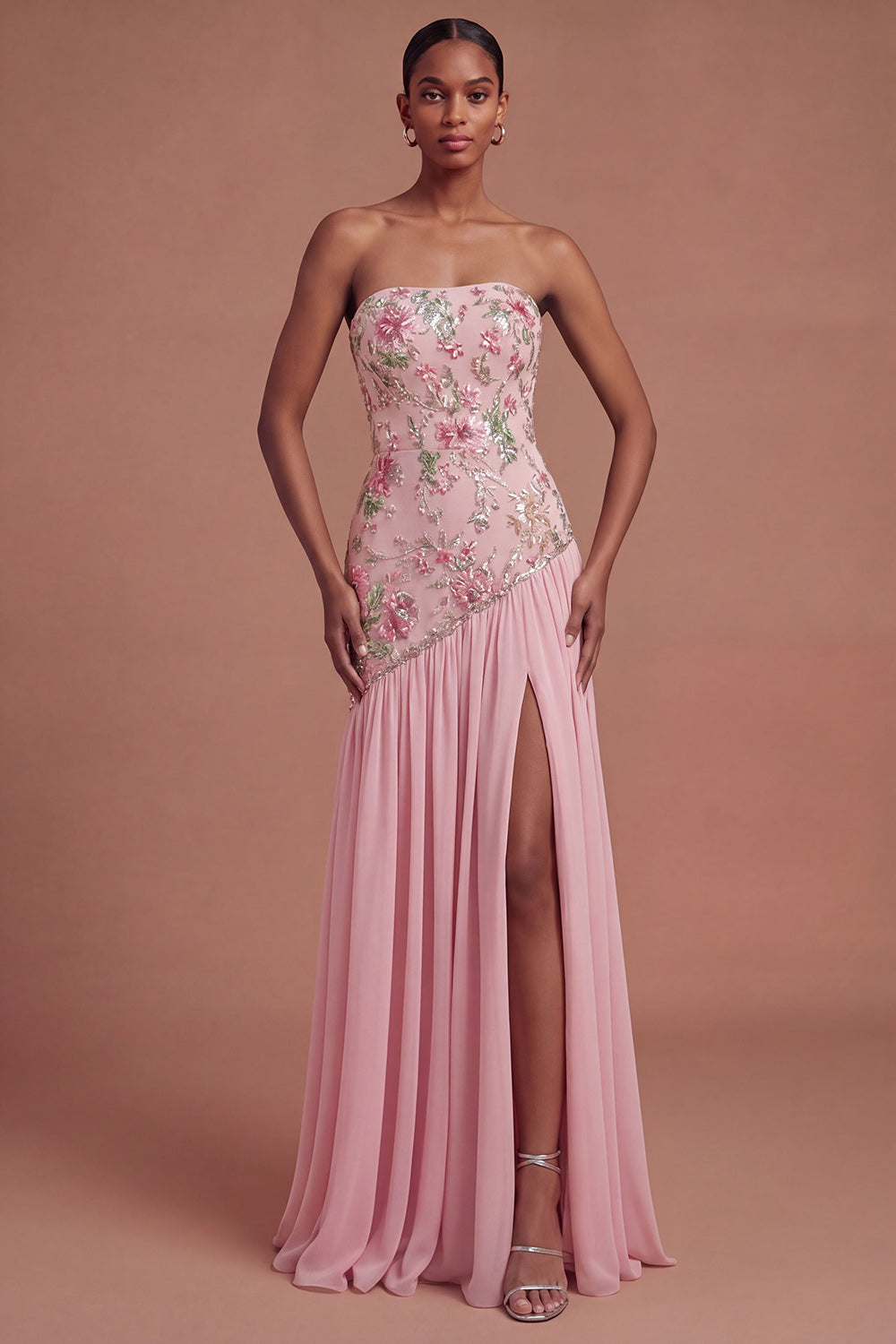Leely Women Pink Pleated Floral A Line Long Prom Dress with Slit Strapless Sleeveless Gala Dress