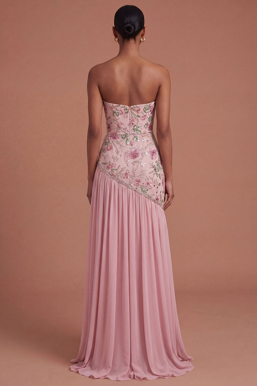 Pink Pleated Floral A Line Long Prom Dress with Slit