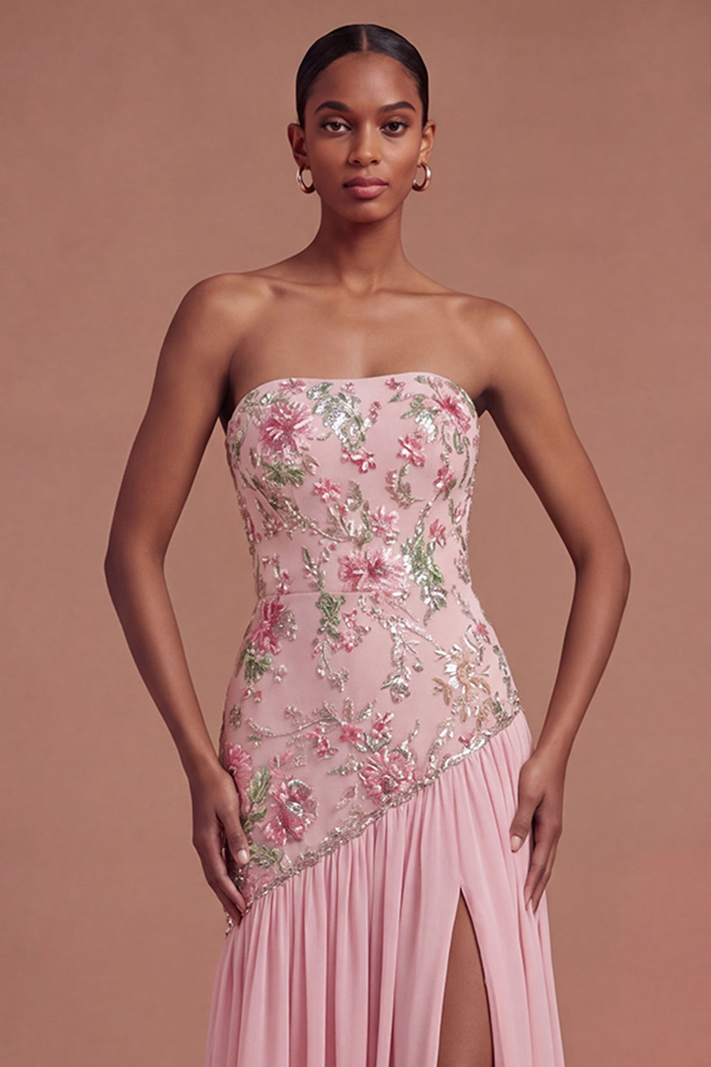Pink Pleated Floral A Line Long Prom Dress with Slit