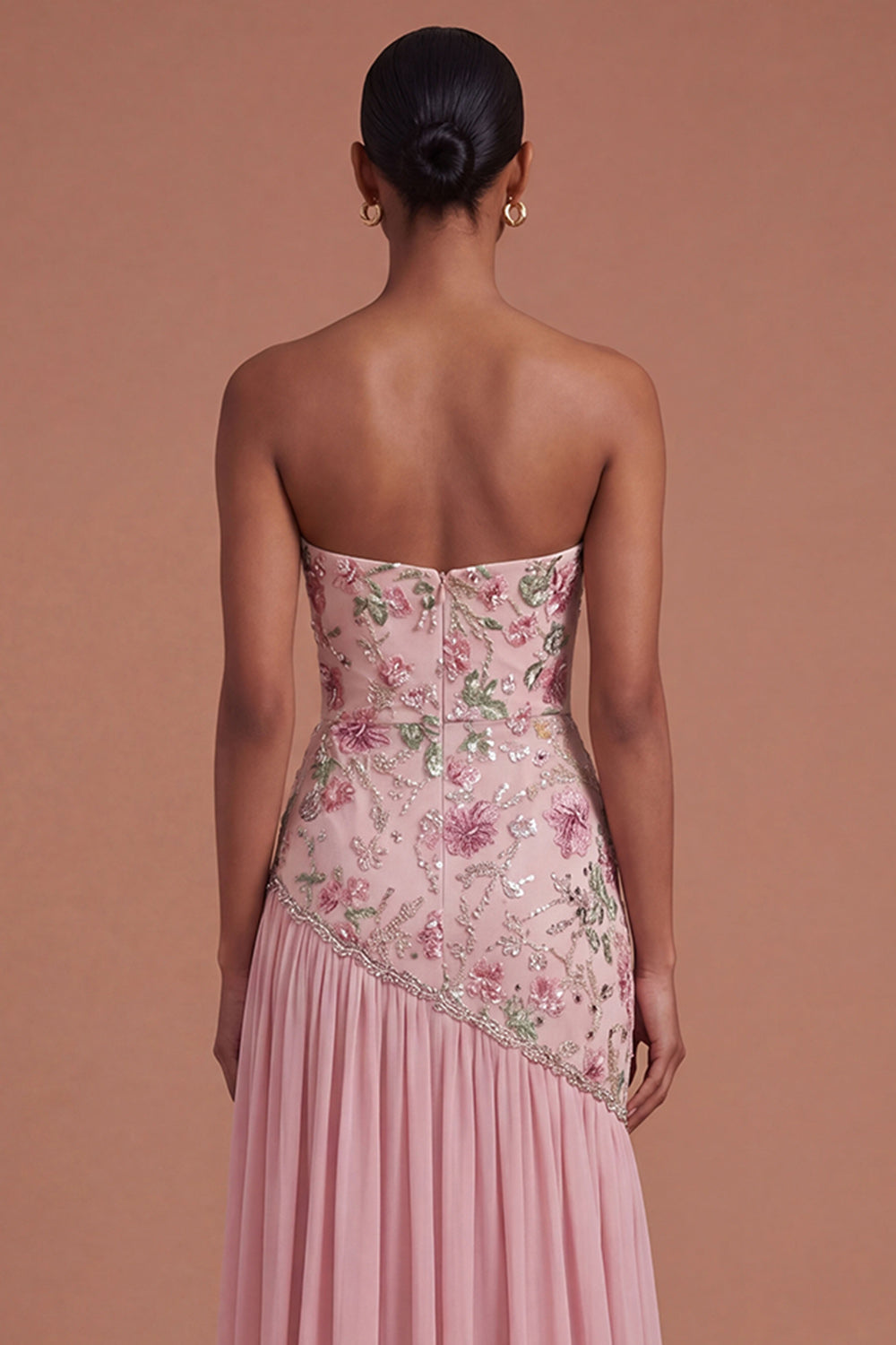 Pink Pleated Floral A Line Long Prom Dress with Slit