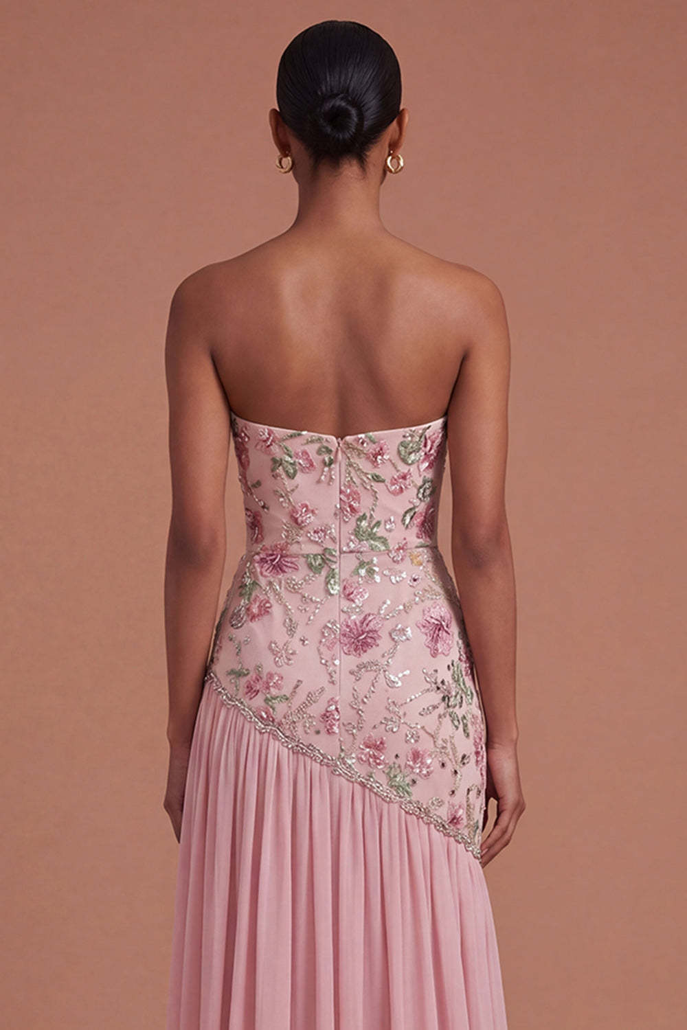 Pink Pleated Floral A Line Long Prom Dress with Slit