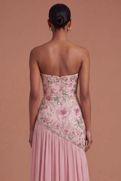 Pink Pleated Floral A Line Long Prom Dress with Slit