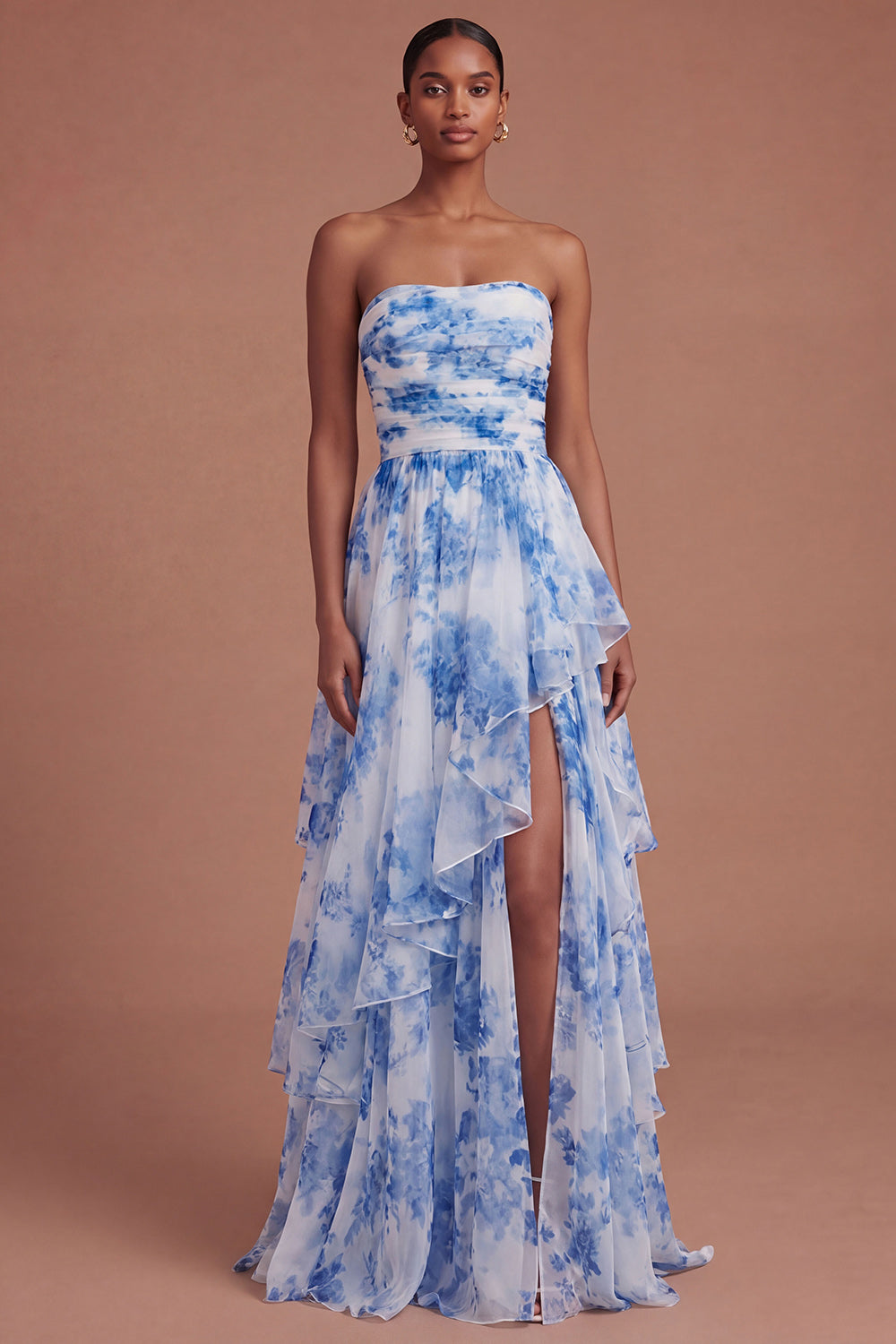 Drop Waits White Blue Floral Ruffled Long Prom Dress with Slit