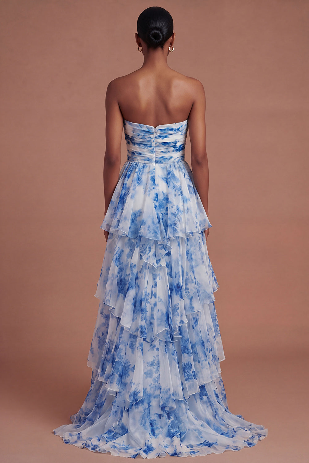 Drop Waits White Blue Floral Ruffled Long Prom Dress with Slit