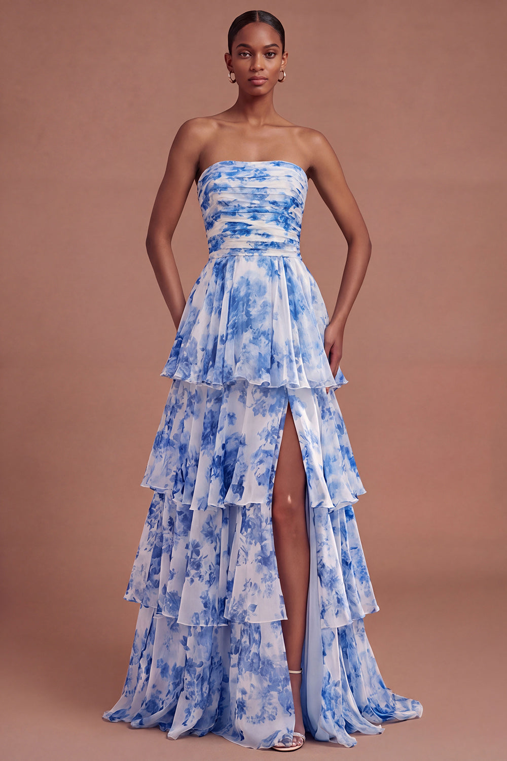 White Blue Floral A Line Tiered Long Prom Dress with Slit