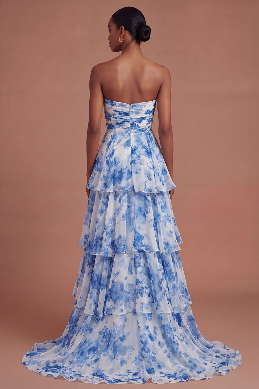 White Blue Floral A Line Tiered Long Prom Dress with Slit