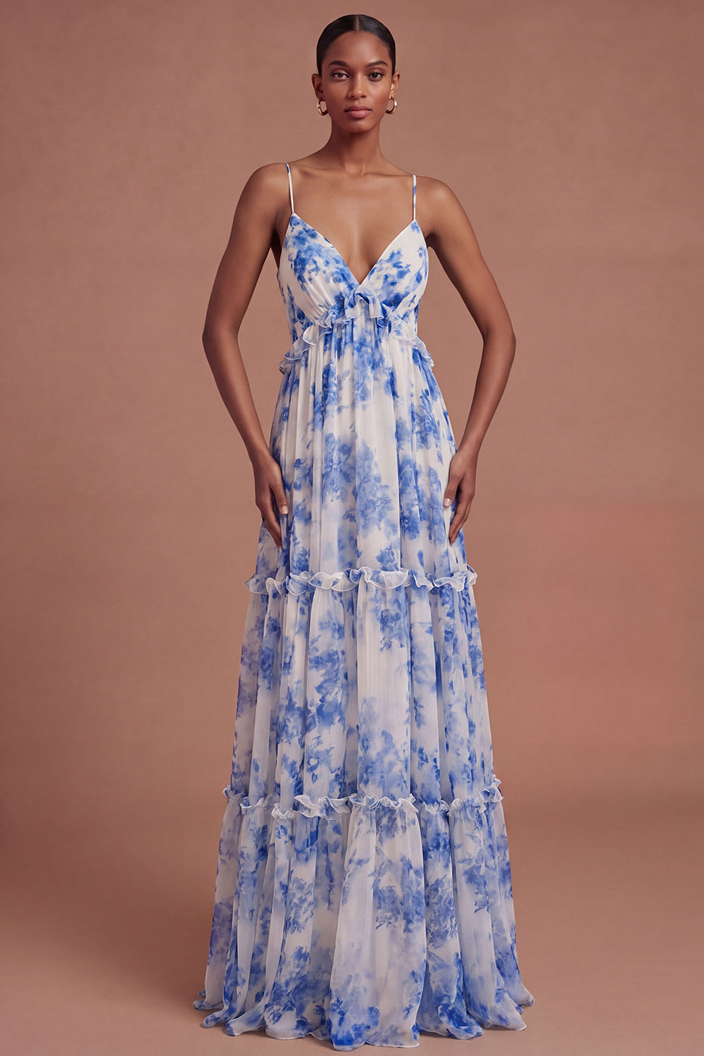 Leely Women White Blue Floral A Line Backless Long Prom Dress Spaghetti Straps Backless Garden Party Dress