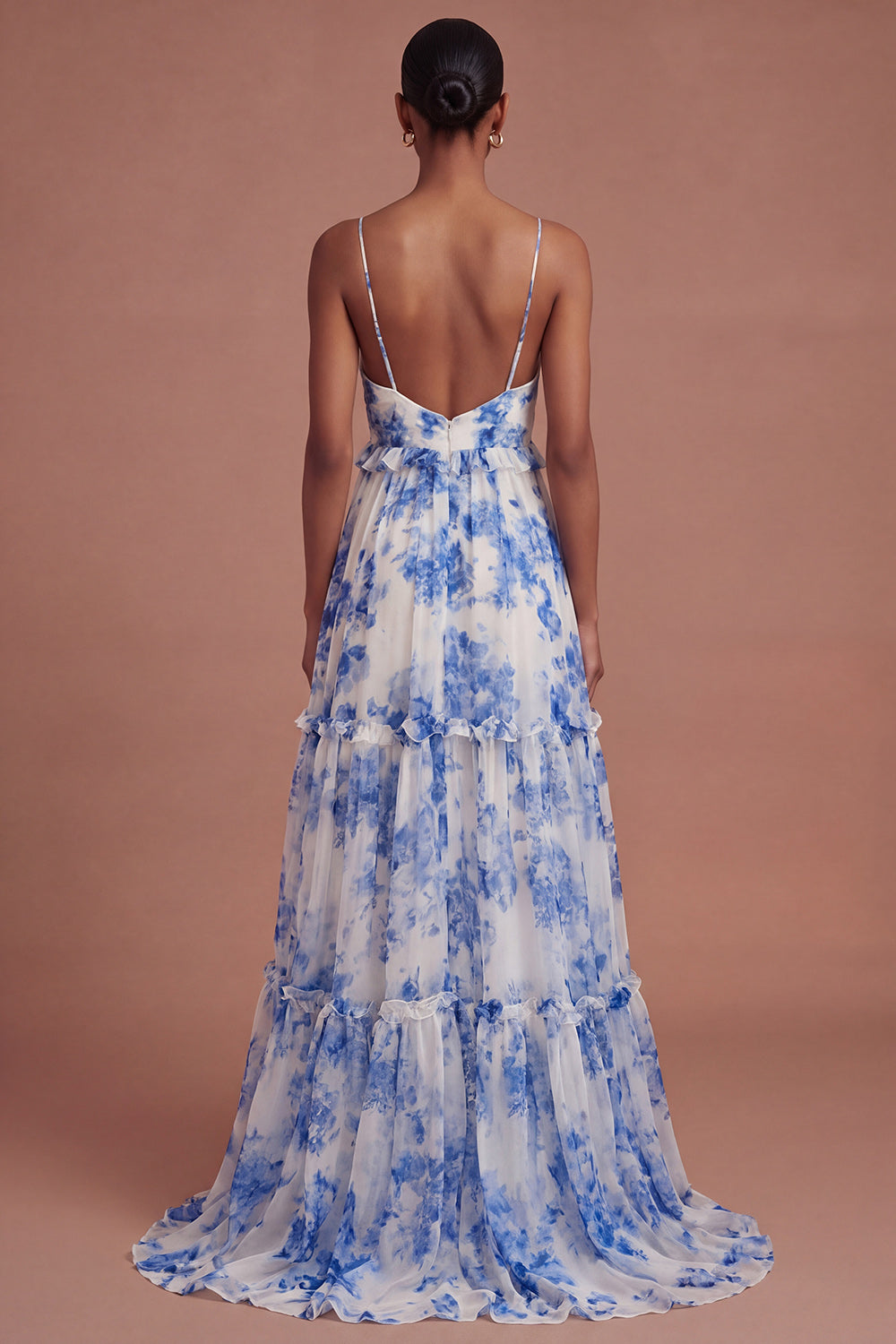 White Blue Floral A Line Backless Long Prom Dress