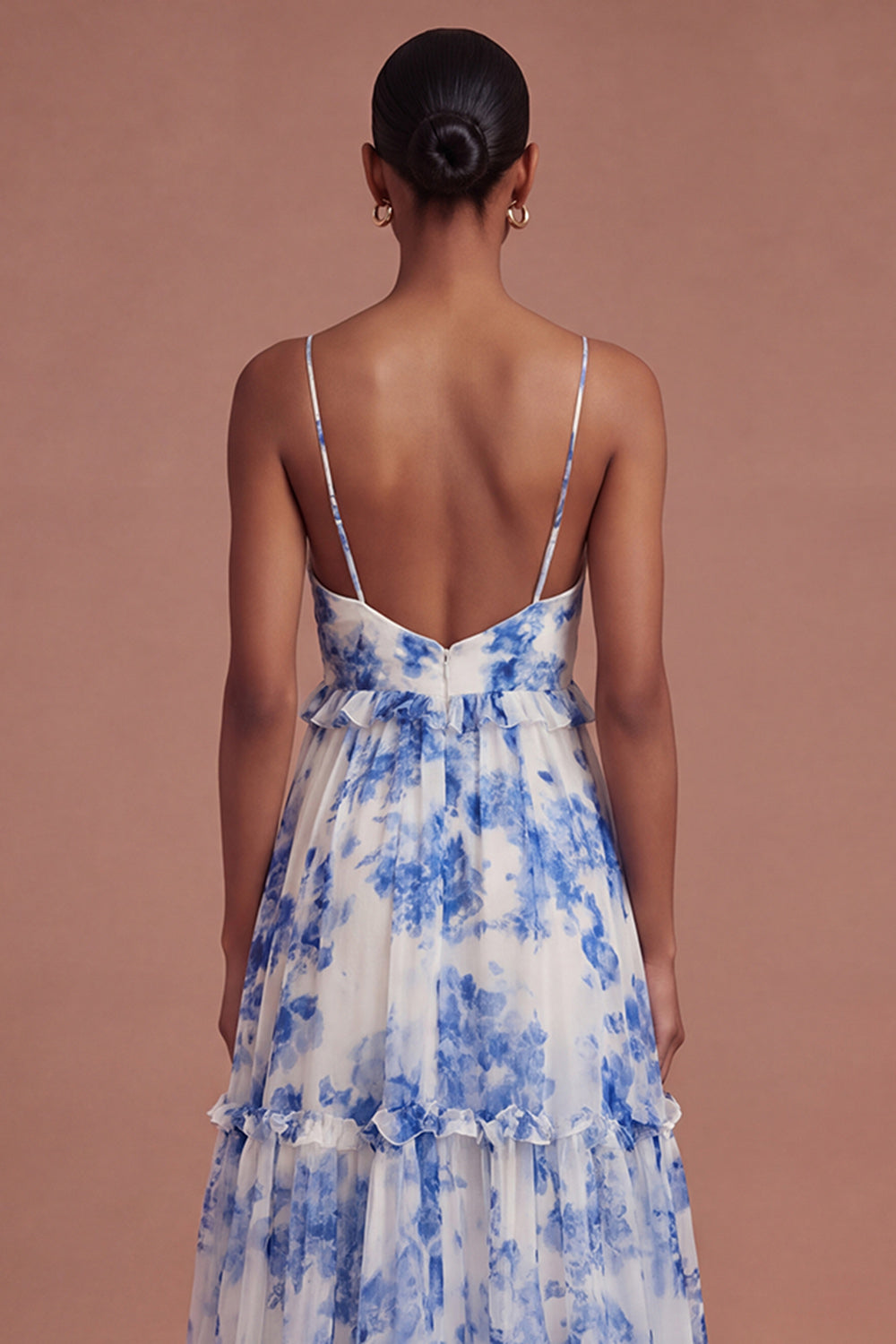 White Blue Floral A Line Backless Long Prom Dress