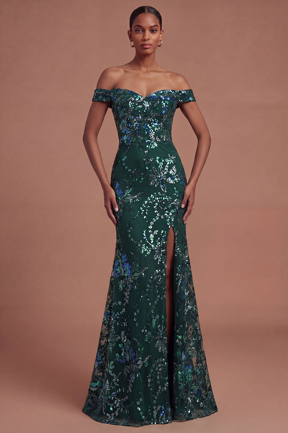 Sparkly Dark Green Sequined Mermaid Long Prom Dress with Slit
