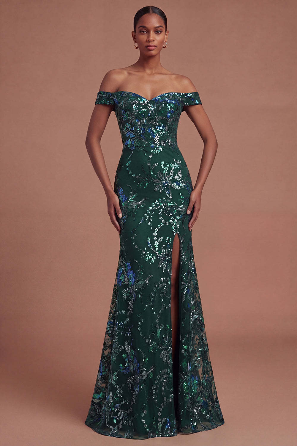 Leely Women Sparkly Dark Green Sequined Mermaid Long Prom Dress with Slit Off the Shoulder Backless Sleeveless Pageant Dress