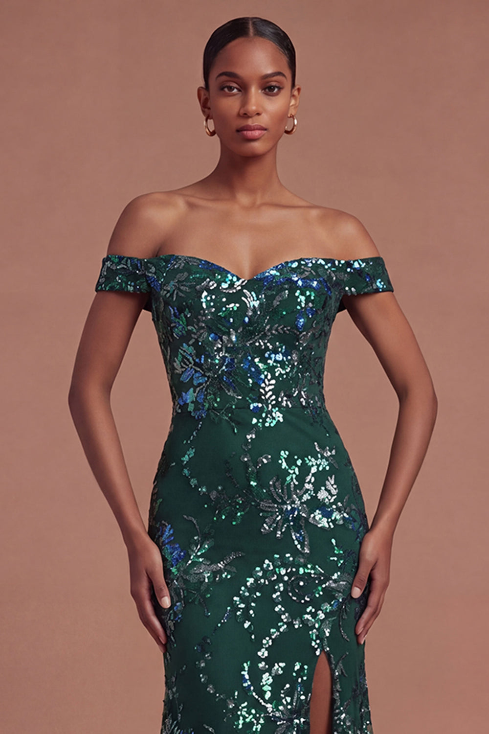 Sparkly Dark Green Sequined Mermaid Long Prom Dress with Slit