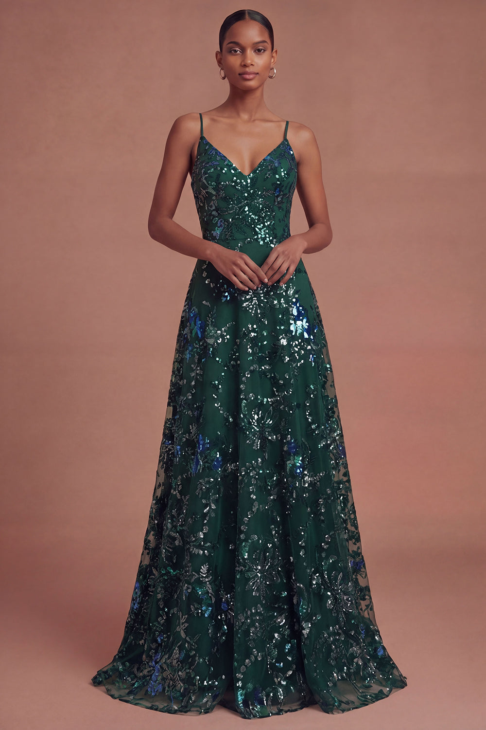 Leely Women A Line Dark Green Spaghetti Straps Long Prom Dress Backless Sleeveless Sequined Sparkly Pageant Dress