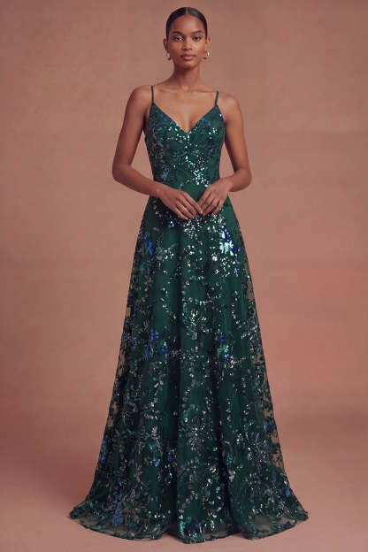 Leely Women A Line Dark Green Spaghetti Straps Long Prom Dress Backless Sleeveless Sequined Sparkly Pageant Dress