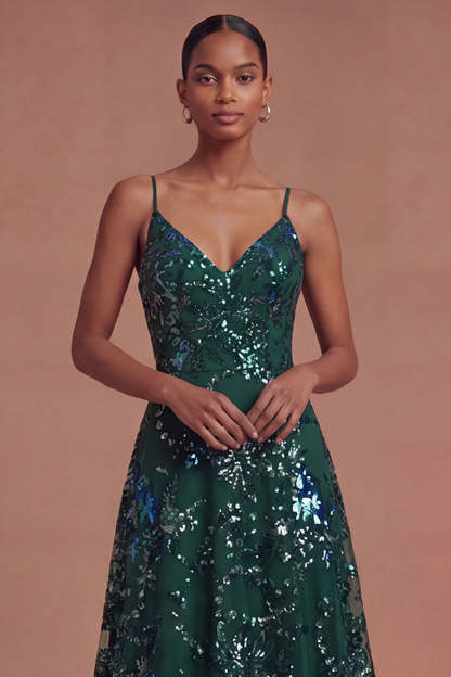 A Line Dark Green Spaghetti Straps Long Prom Dress