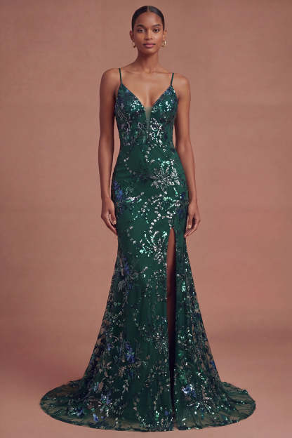 Leely Women Mermaid Dark Green Spaghetti Straps Long Prom Dress with Slit Sparkly Sequined Backless Pageant Dress
