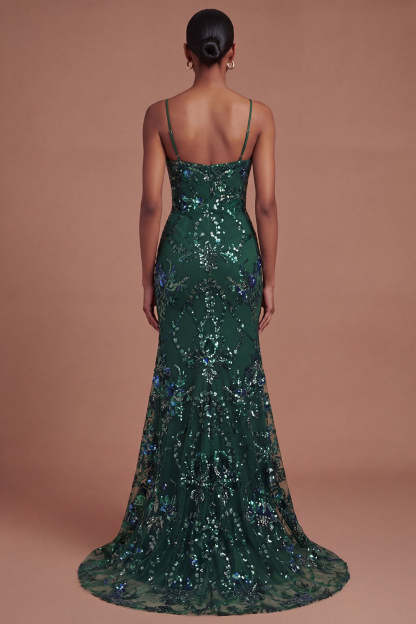 Mermaid Dark Green Spaghetti Straps Long Prom Dress with Slit