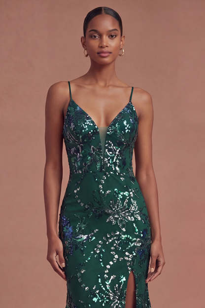 Mermaid Dark Green Spaghetti Straps Long Prom Dress with Slit
