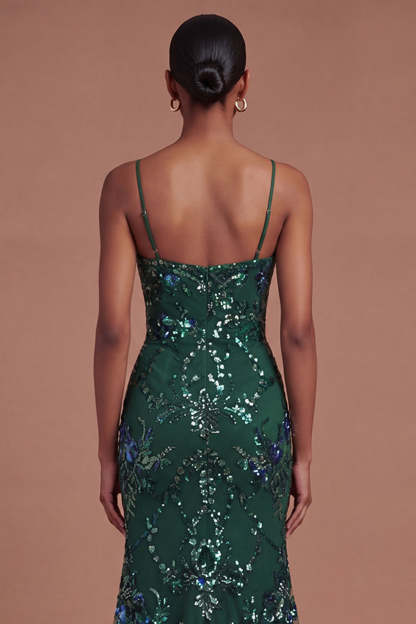 Mermaid Dark Green Spaghetti Straps Long Prom Dress with Slit