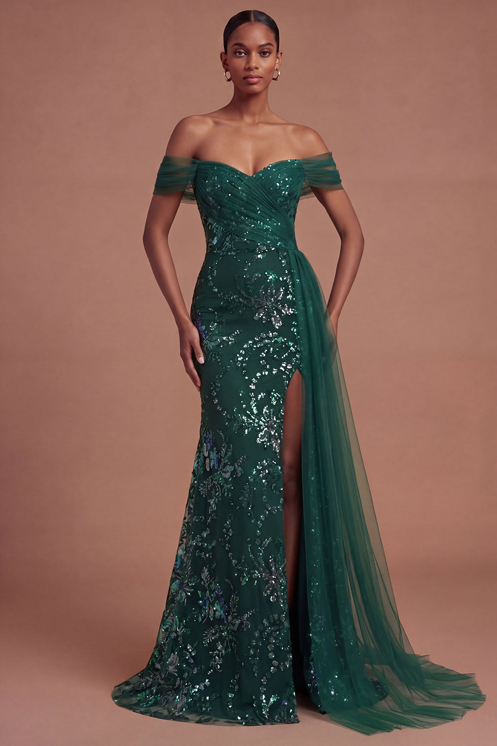 Leely Women Mermaid Dark Green Long Prom Dress with Slit Off the Shoulder Backless Sleeveless Gala Dress with Cape