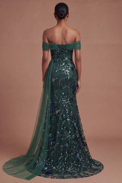 Mermaid Dark Green Off the Shoulder Long Prom Dress with Slit