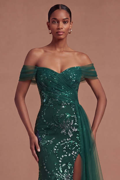 Mermaid Dark Green Off the Shoulder Long Prom Dress with Slit