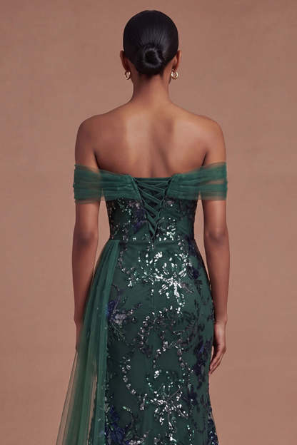 Mermaid Dark Green Off the Shoulder Long Prom Dress with Slit