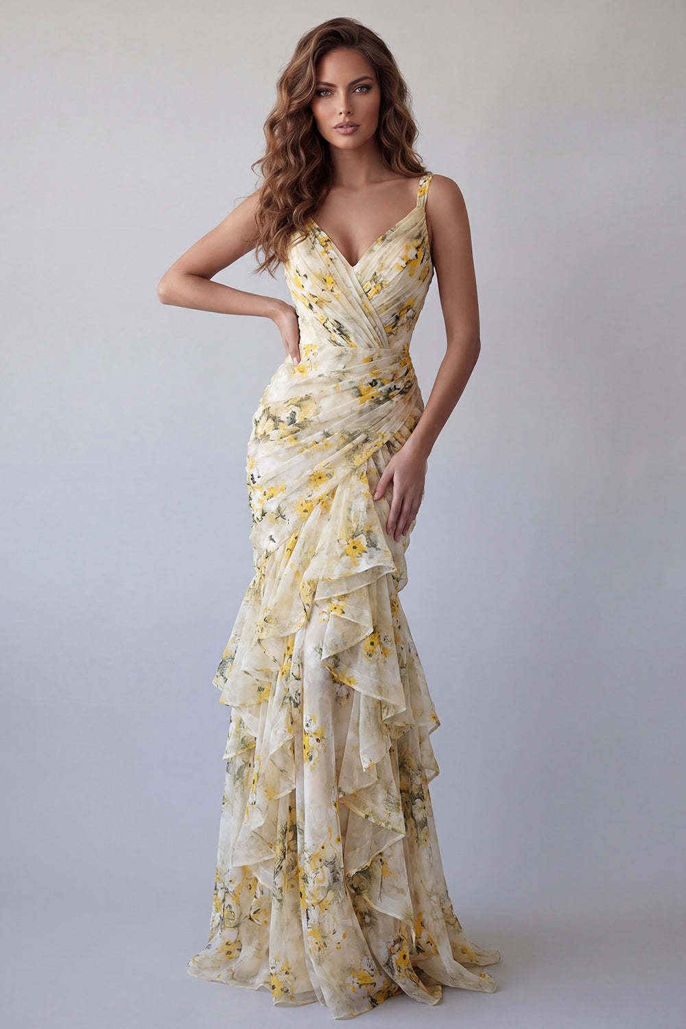 Leely Women Light Yellow Floral Mermaid Ruffled Long Formal Dress Thick Straps Backless Sleeveless Wedding Guest Dress