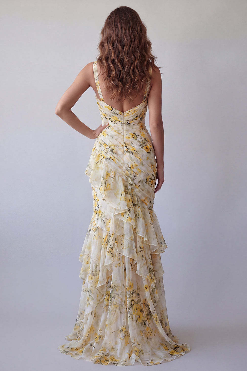Light Yellow Floral Mermaid Ruffled Long Formal Dress